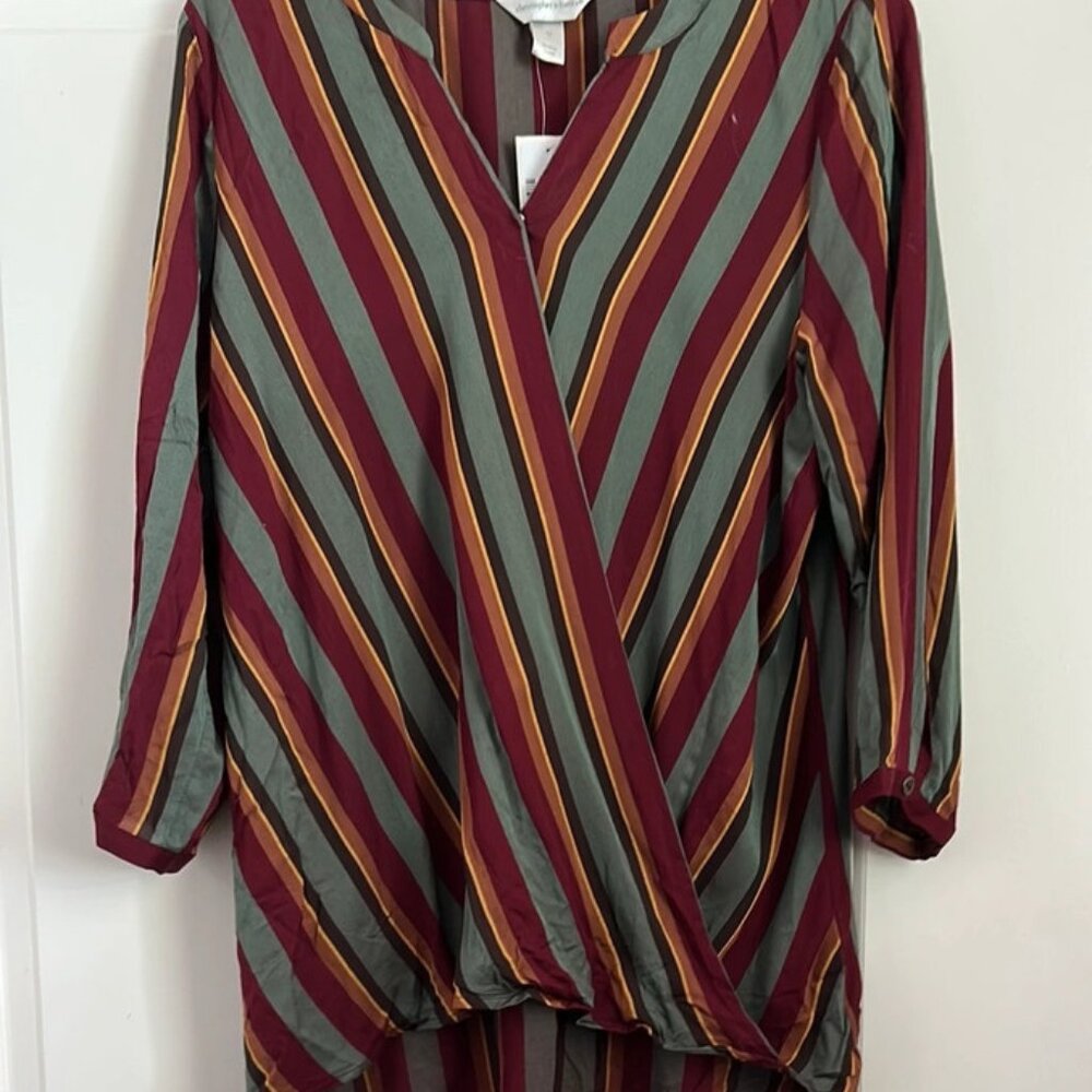 Christopher & Banks Burgundy and Teal Green Wrap Blouse with Mandarin Collar